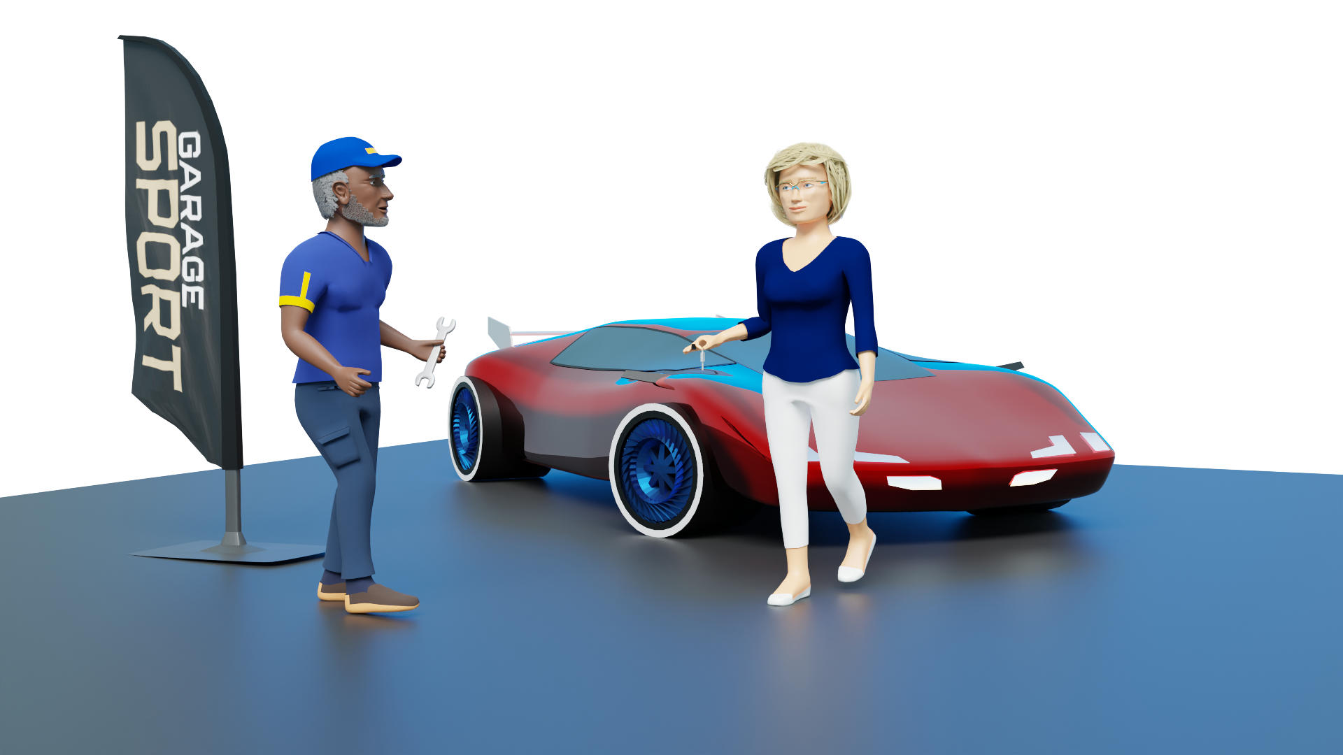 Une femme propriétaire d'une voiture de sport confie à son garagiste ce véhicule pour une révision mécanique.