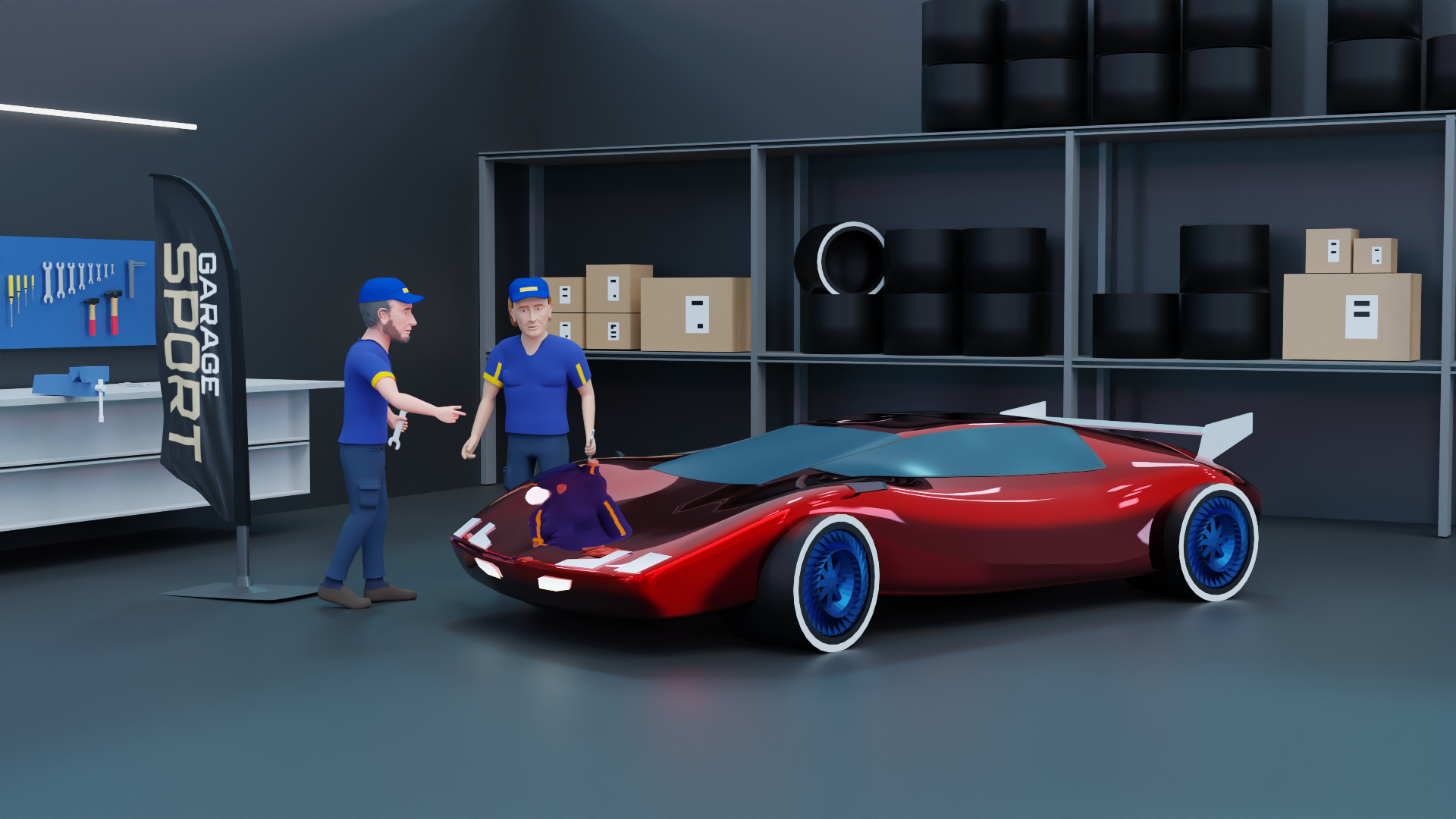 Graphisme 3d qui représente deux mécaniciens qui réparent une voiture de sport