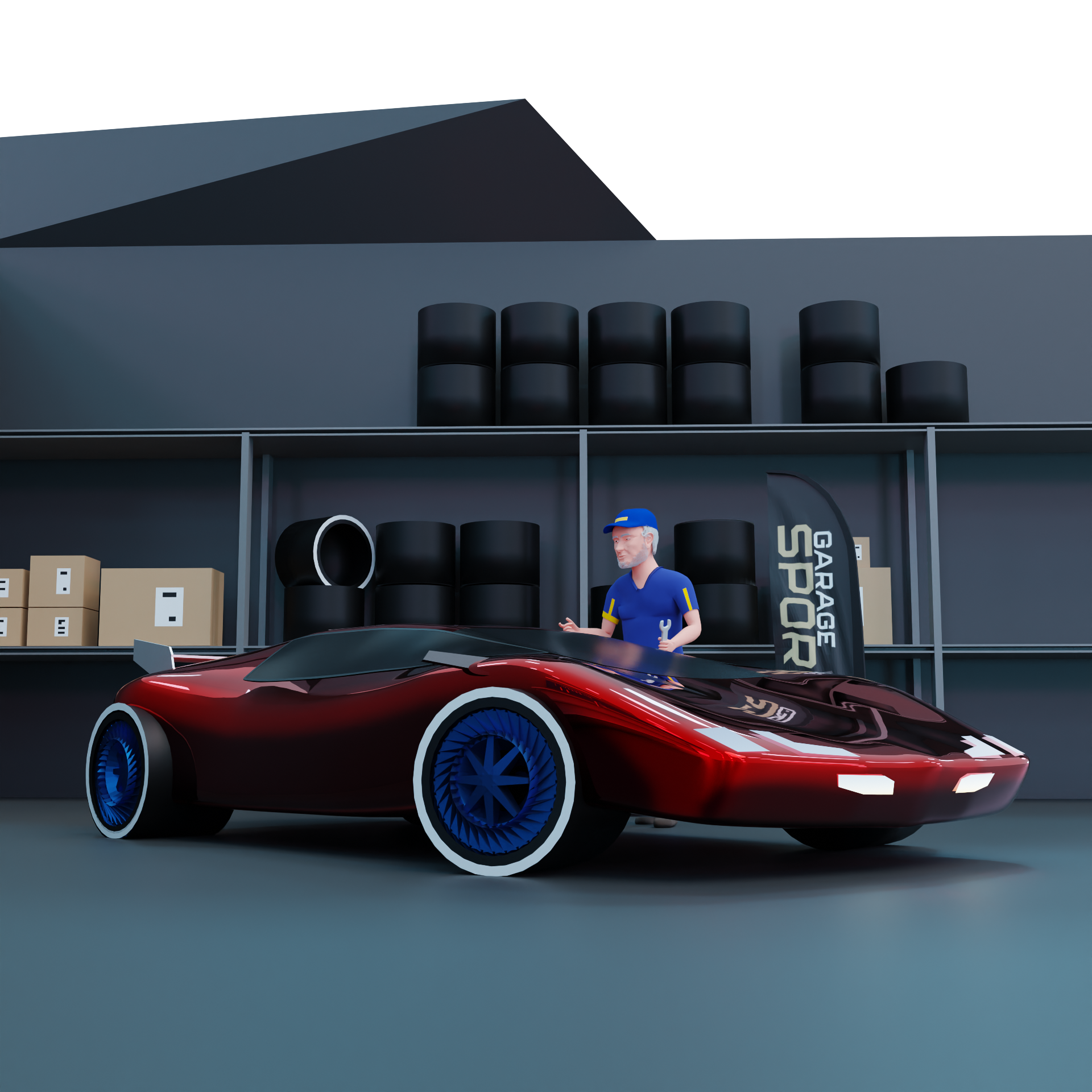 Graphisme 3d créé par l'infographiste qui représente un mécanicien qui prépare une voiture de sport