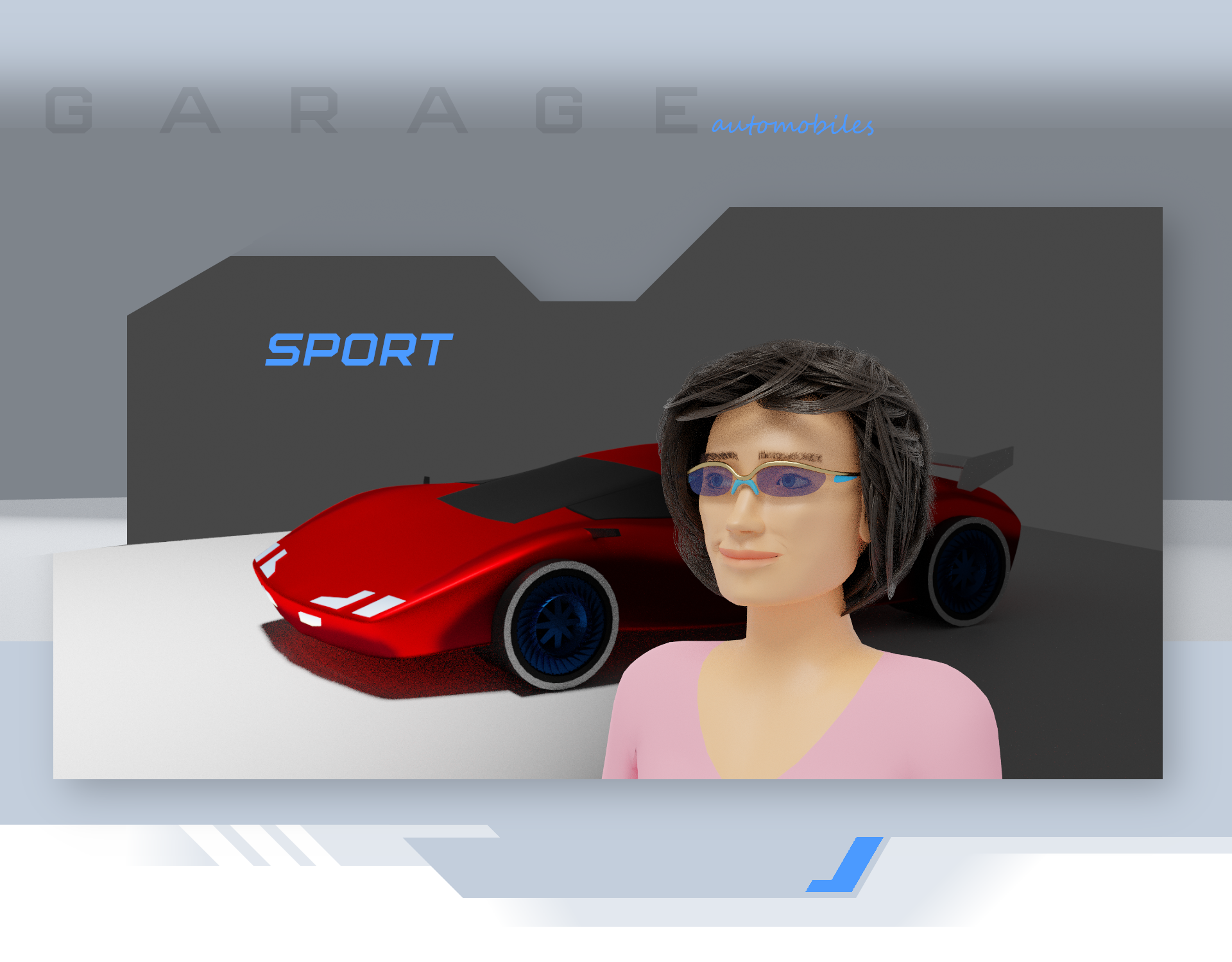 Image 3d d'une cliente avec sa voiture de sport dans un garage